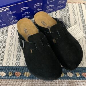 Birkenstock Black Suede Clogs with Adjustable Buckle